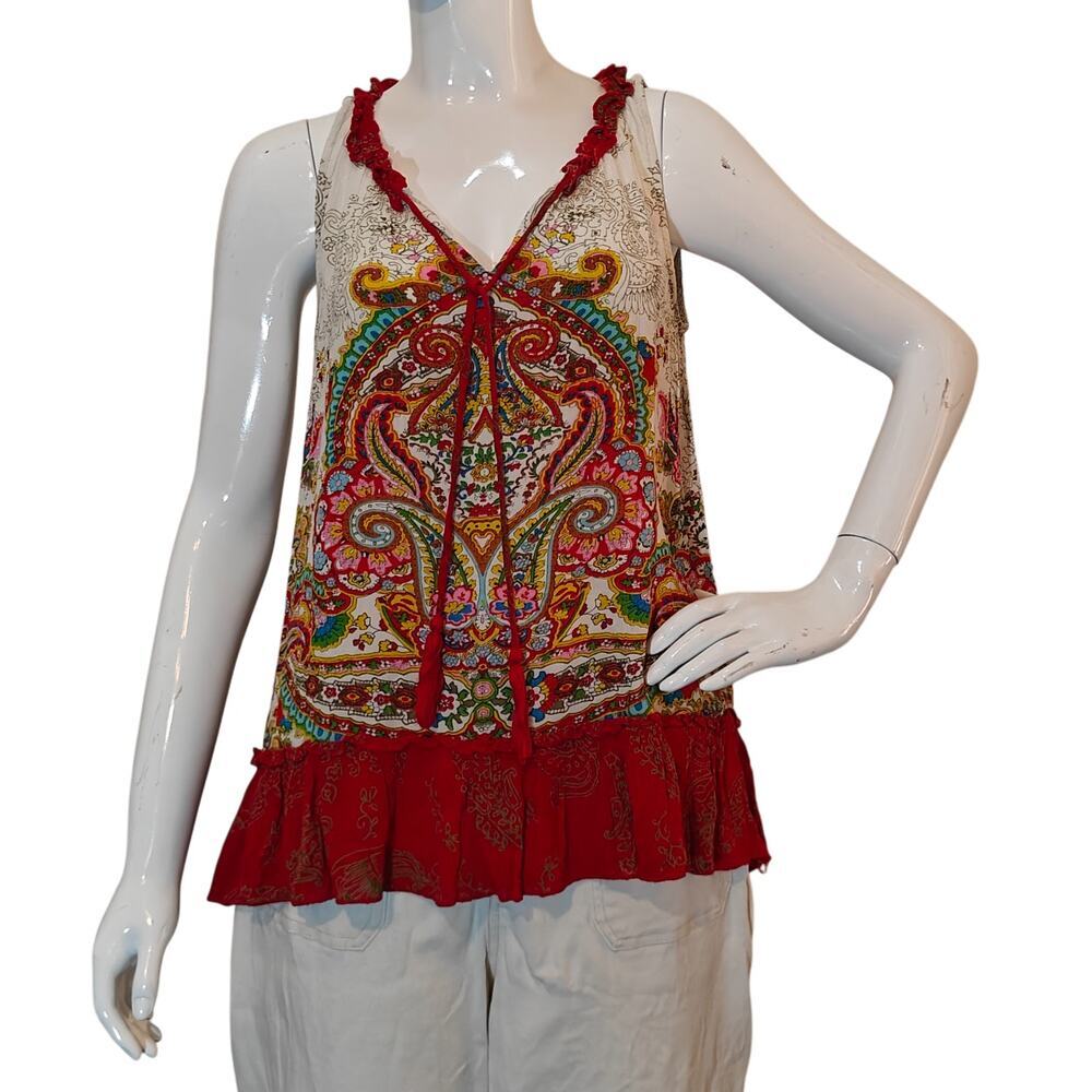 Bila Boho Paisley Print Sleeveless Tank Top Red Ruffle Hem Size S